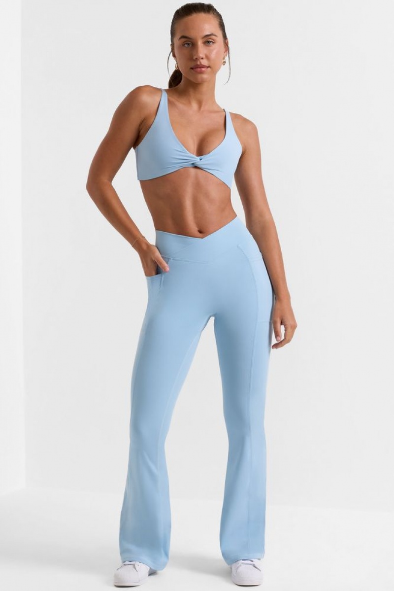 Oh Polly Match Cross Waistband Flare Pocket Leggings Gym Leggings Ice Blue | MZHK-71289