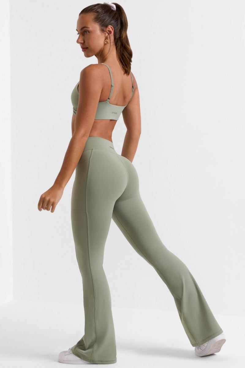 Oh Polly Match Petite Cross Waistband Flare Pocket Leggings Leggings Bamboo Green | ELSZ-86702