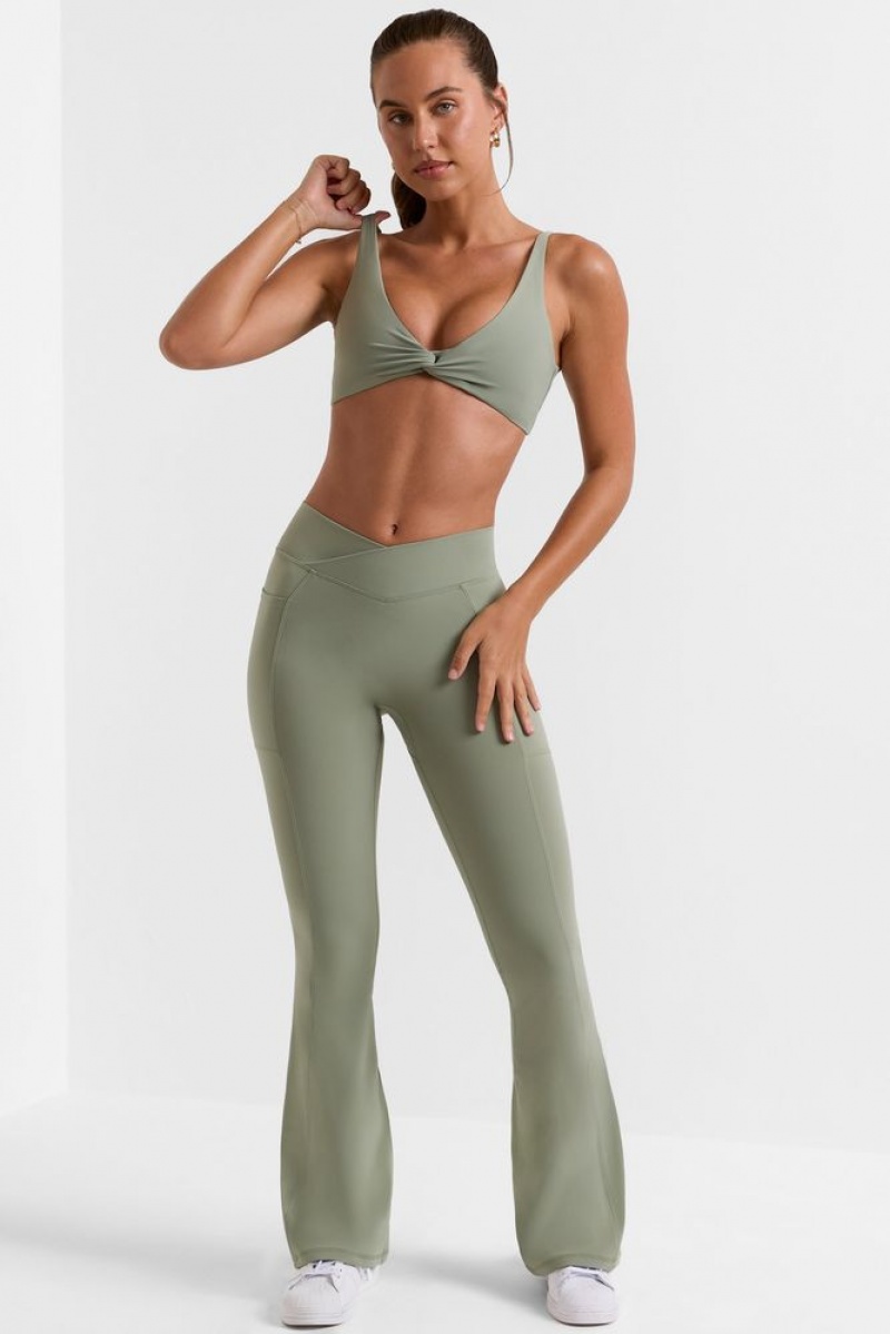 Oh Polly Match Petite Cross Waistband Flare Pocket Leggings Leggings Bamboo Green | ELSZ-86702