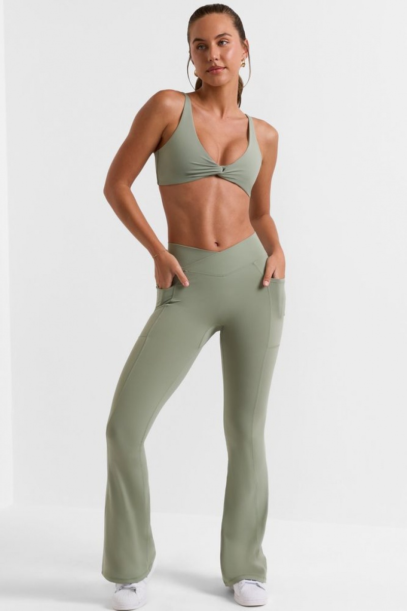 Oh Polly Match Petite Cross Waistband Flare Pocket Leggings Leggings Bamboo Green | ELSZ-86702