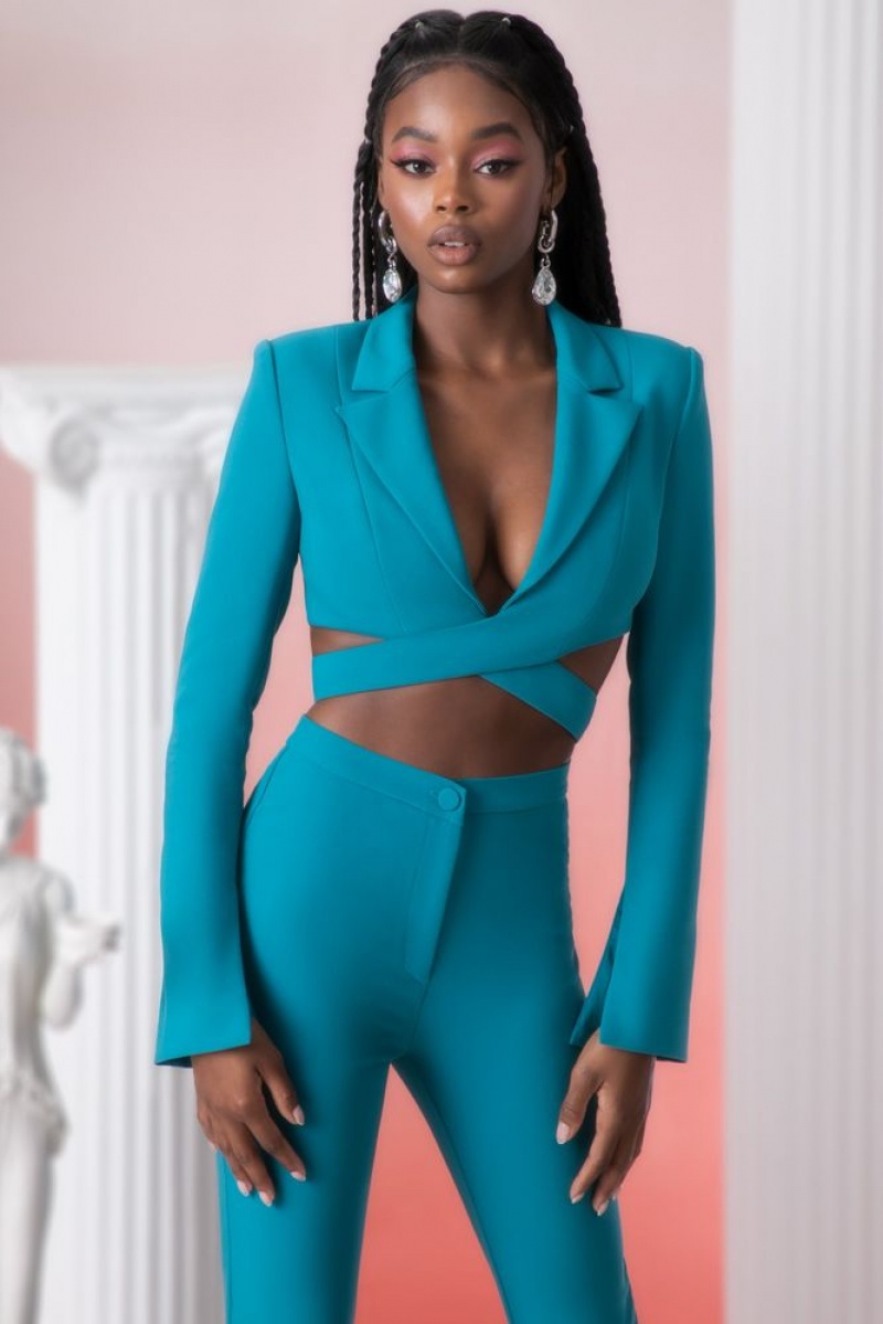 Oh Polly Meraki Cropped Blazer Womens Tops Teal | TXME-27836