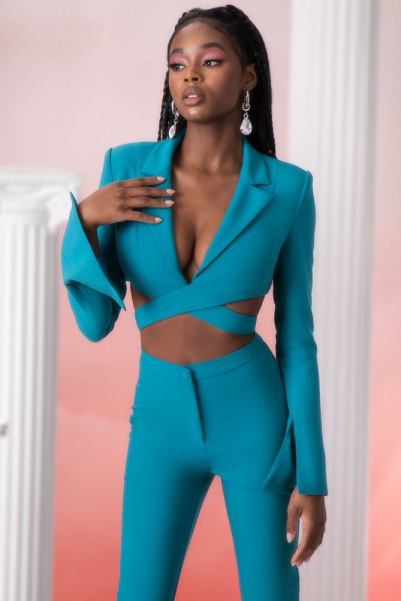 Oh Polly Meraki Cropped Blazer Womens Tops Teal | TXME-27836