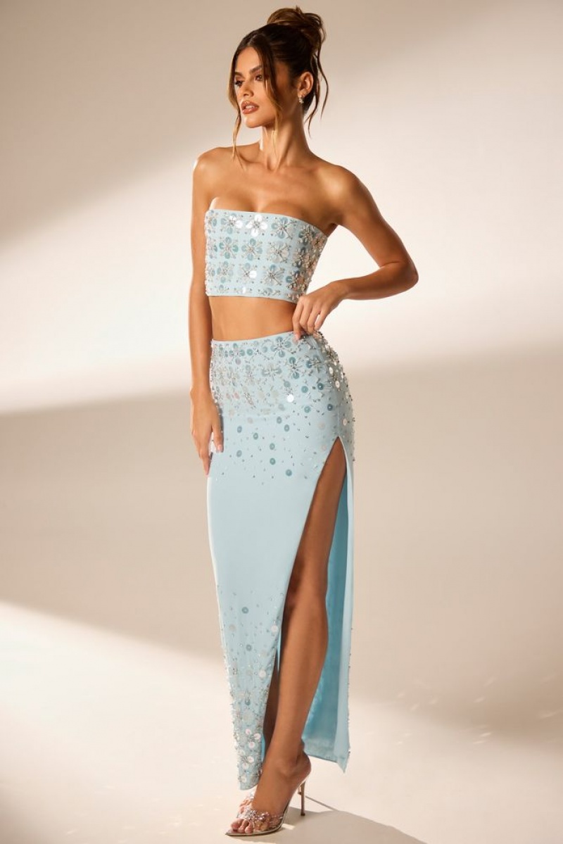 Oh Polly Merope Hand Embellished Maxi Skirt Skirts Blue | VDCT-91564