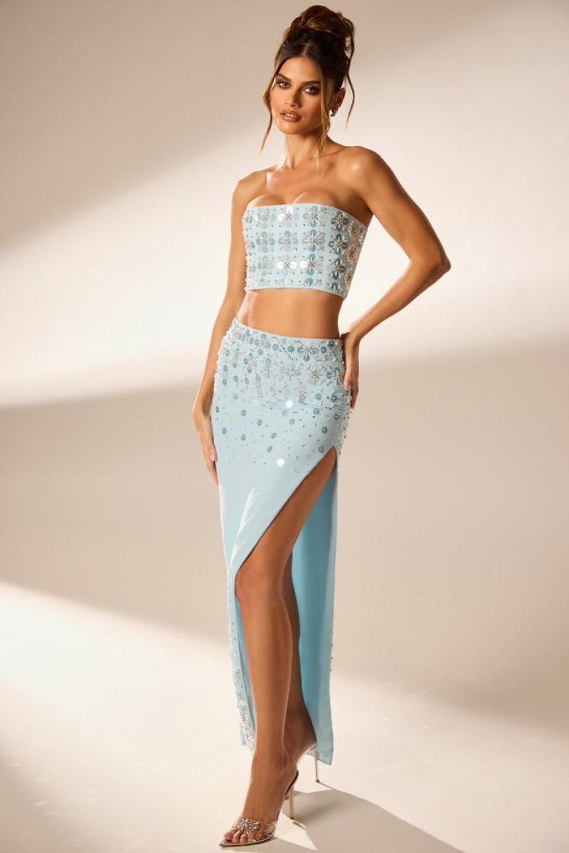 Oh Polly Merope Hand Embellished Maxi Skirt Skirts Blue | VDCT-91564