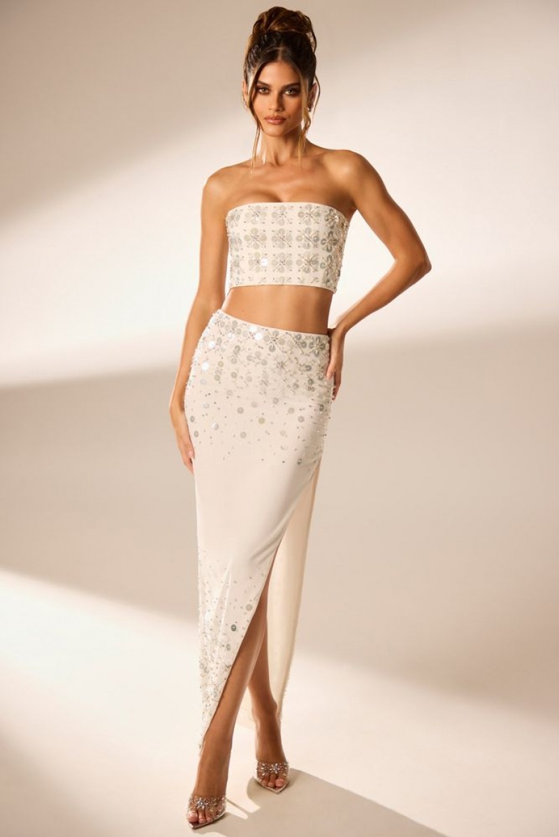 Oh Polly Merope Hand Embellished Maxi Skirt Skirts Ivory | ZLUS-34789