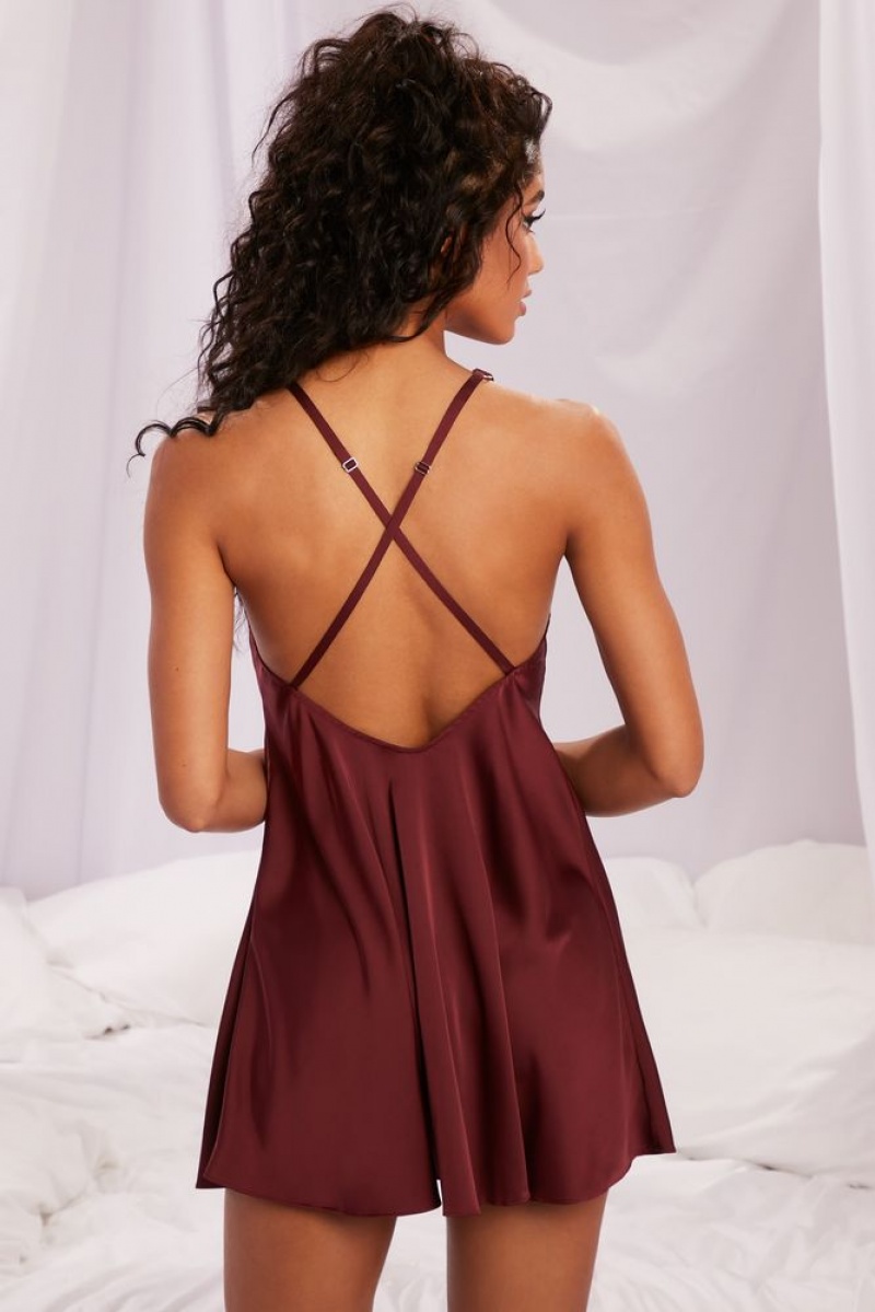 Oh Polly Midnight Lover Satin Babydoll Mini Dress Mini Dress Burgundy | JVXK-60234