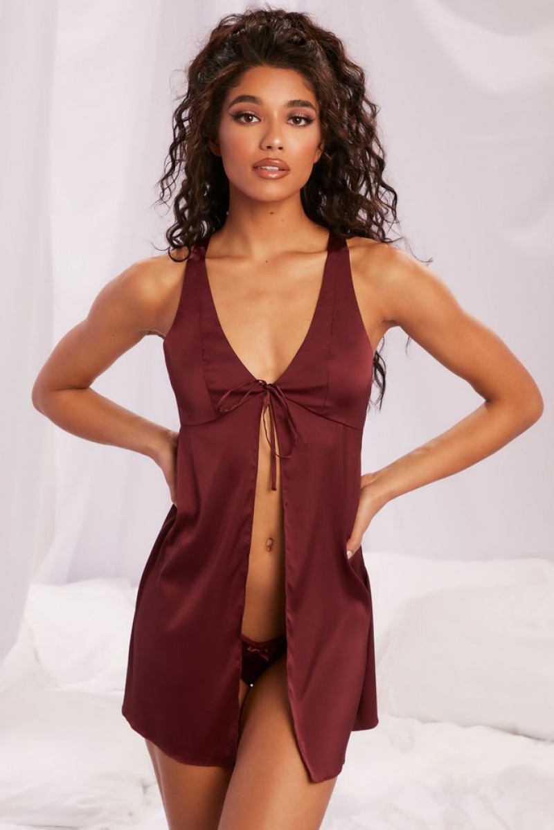 Oh Polly Midnight Lover Satin Babydoll Mini Dress Mini Dress Burgundy | JVXK-60234