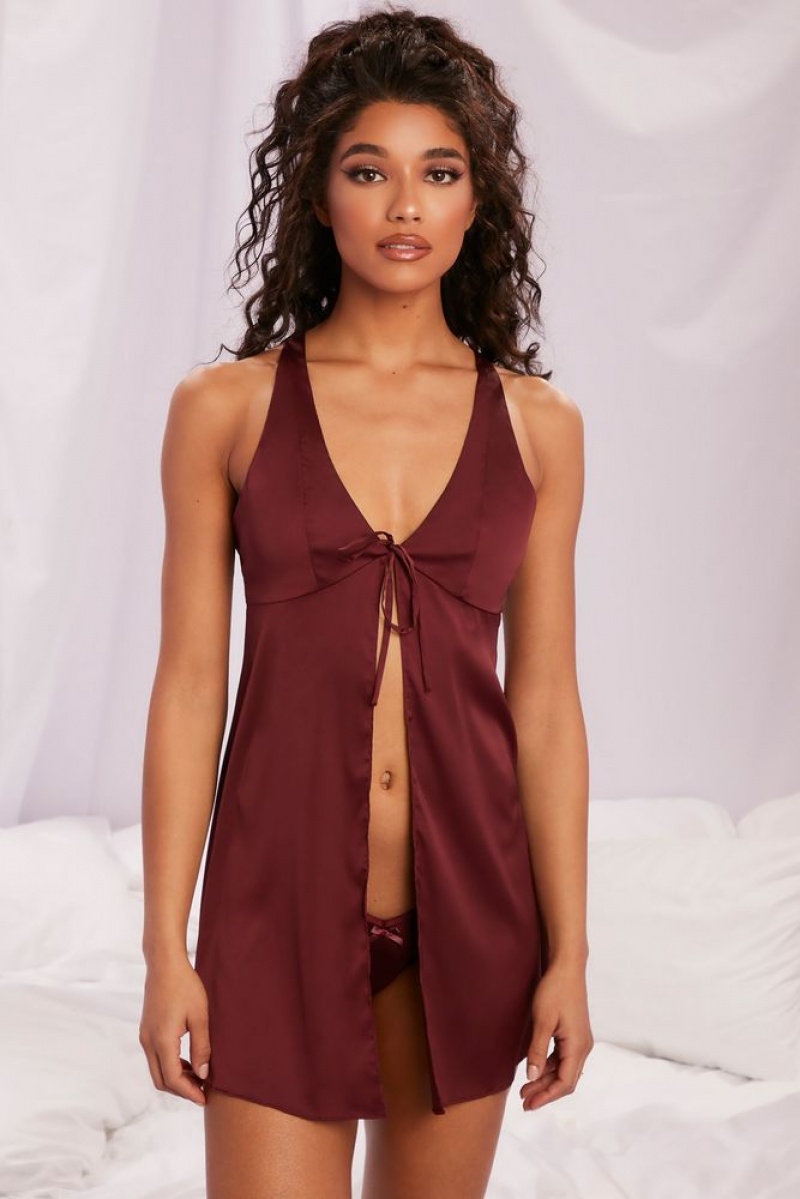 Oh Polly Midnight Lover Satin Babydoll Mini Dress Mini Dress Burgundy | JVXK-60234