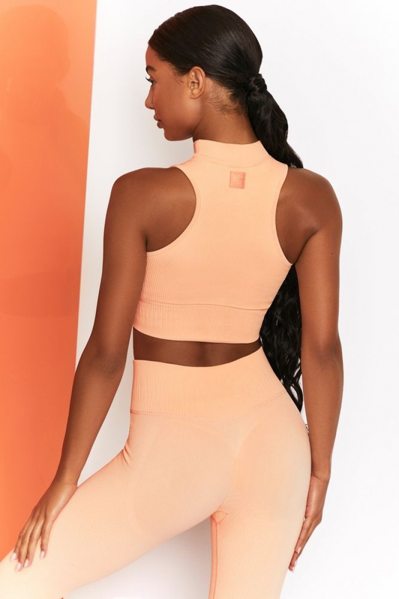 Oh Polly Miles Ahead Ribbed High Neck Crop Top Bo+Tee Tops Peach | SXFC-04916