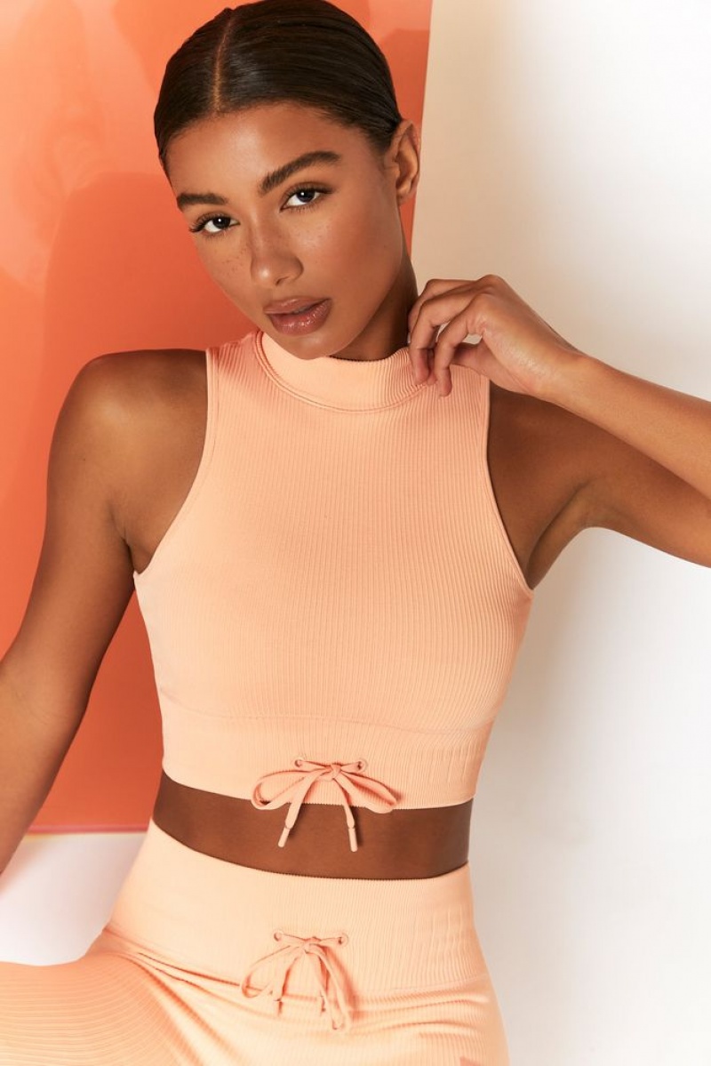 Oh Polly Miles Ahead Ribbed High Neck Crop Top Bo+Tee Tops Peach | SXFC-04916