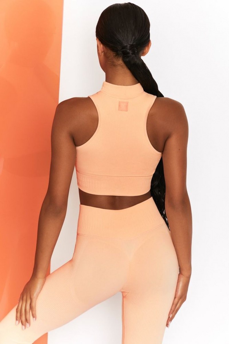 Oh Polly Miles Ahead Ribbed High Neck Crop Top Bo+Tee Tops Peach | SXFC-04916