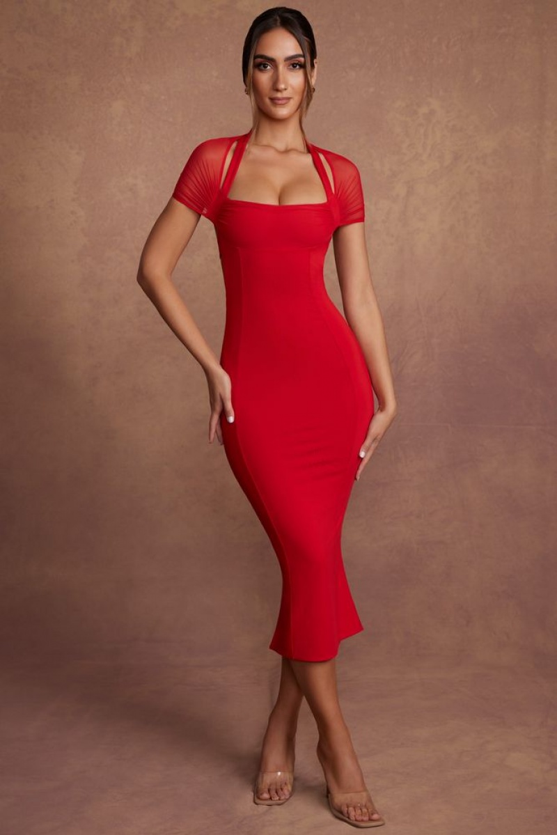 Oh Polly Milita Cap Sleeve Flare Midaxi Dress Midaxi Dress Red | QTZR-30864