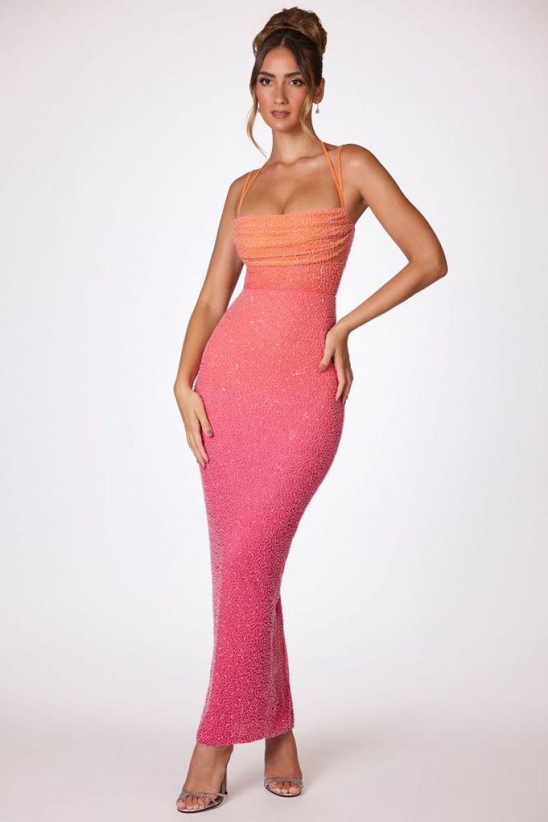 Oh Polly Monte Carlo Embellished Maxi Dress Maxi Dress Red and Orange Ombré | UZOJ-63478