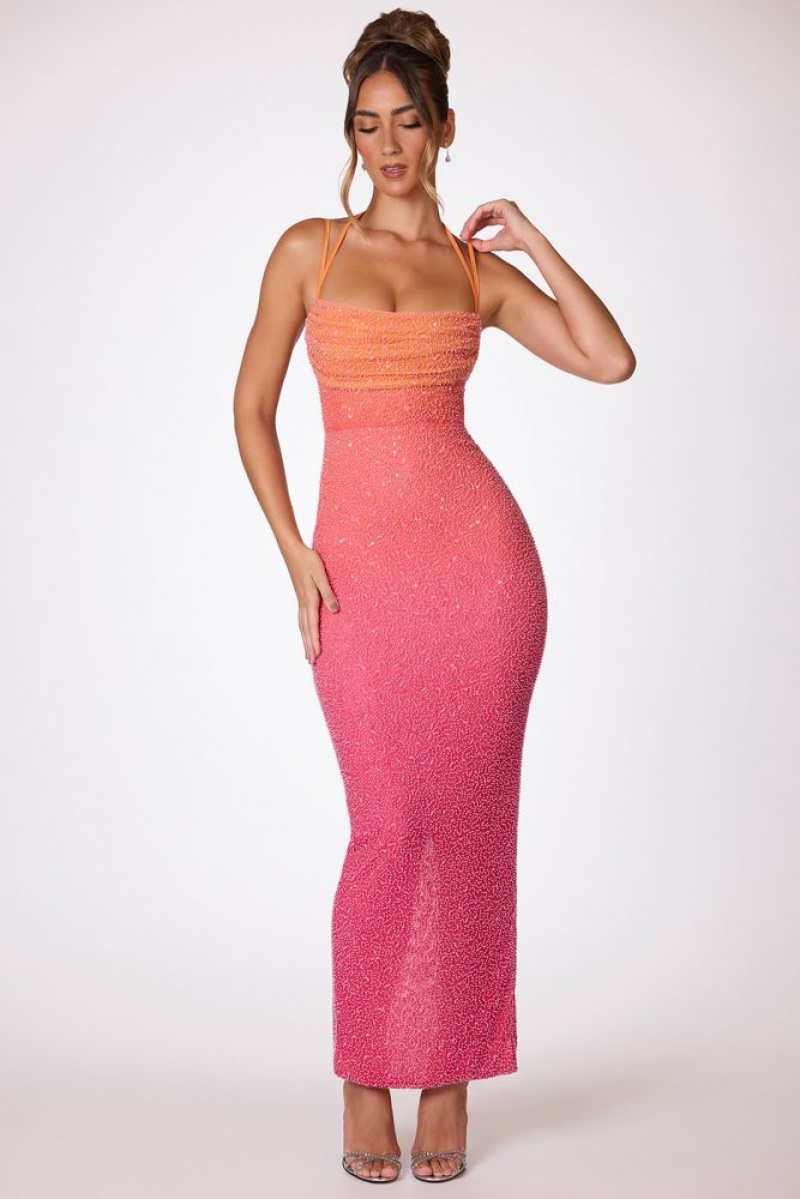 Oh Polly Monte Carlo Embellished Maxi Dress Maxi Dress Red and Orange Ombré | UZOJ-63478