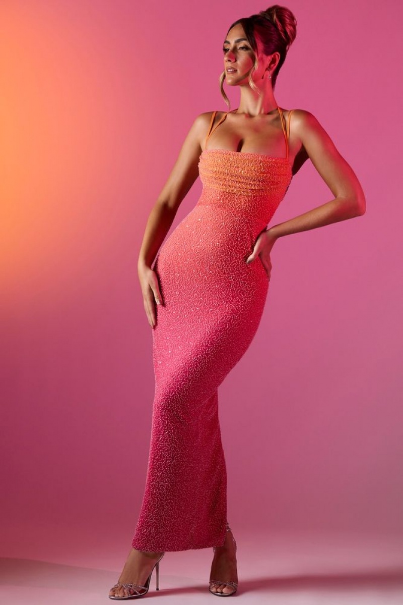 Oh Polly Monte Carlo Embellished Maxi Dress Maxi Dress Red and Orange Ombré | UZOJ-63478