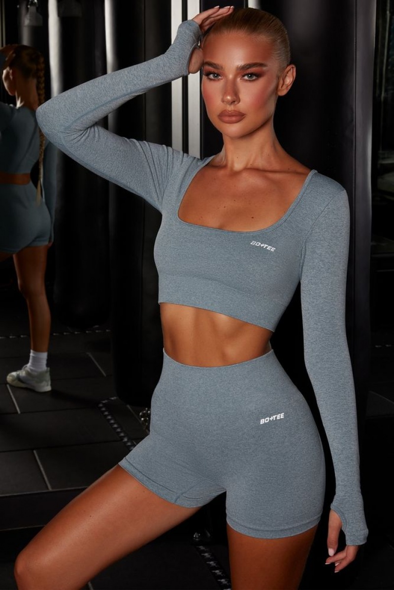 Oh Polly Motion Seamless Long Sleeve Crop Top Bo+Tee Tops Blue | UOVQ-83219