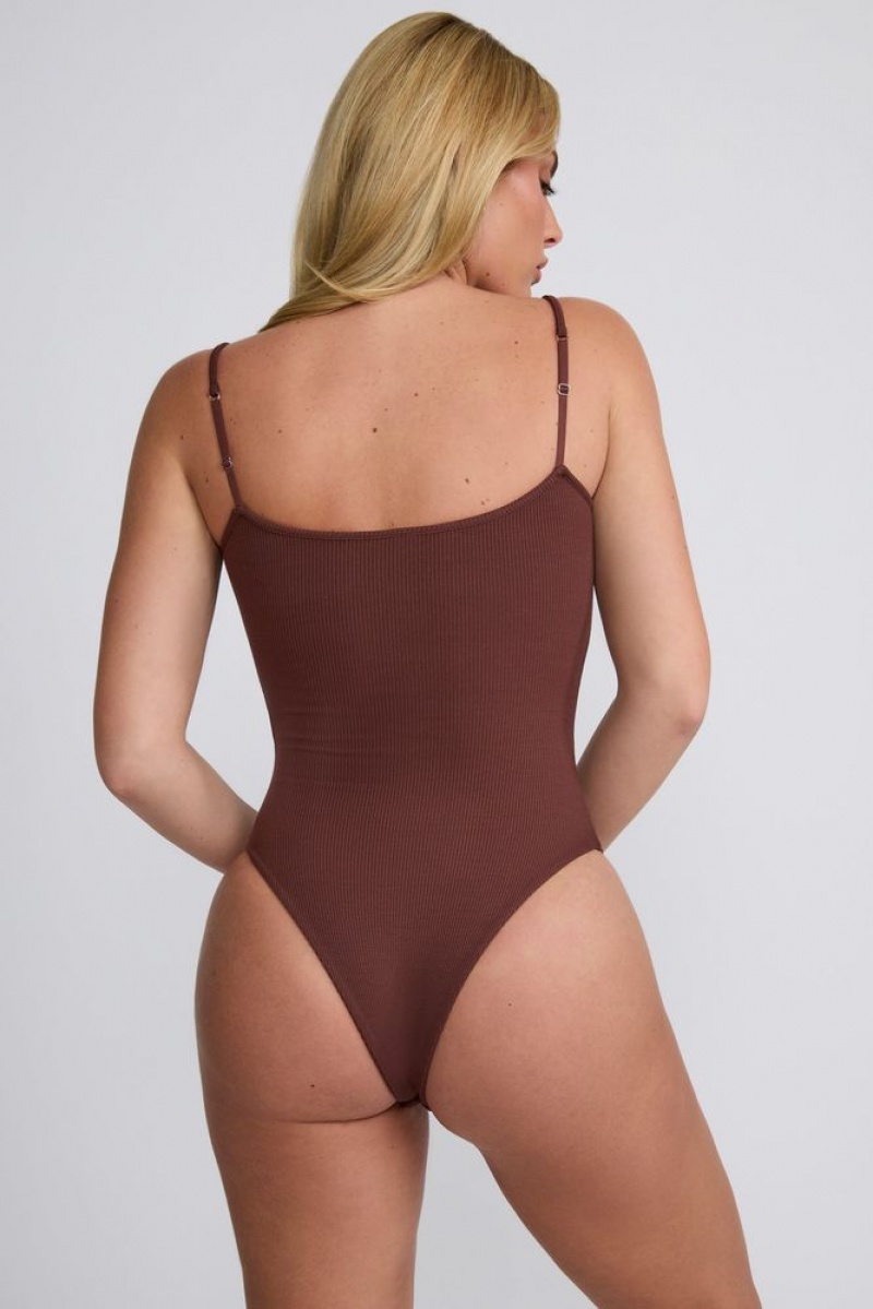 Oh Polly Nadia Ribbed Modal Square Neck Bodysuit Womens Tops Chocolate | ILTU-07685