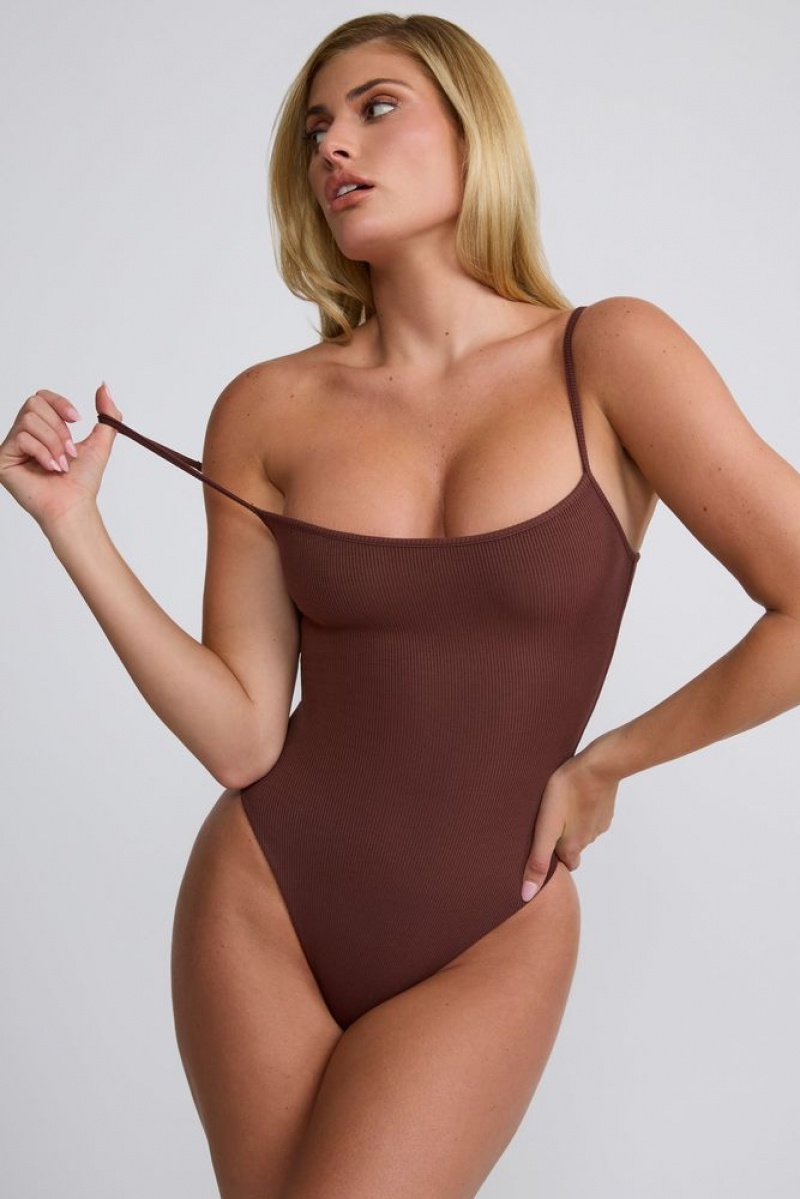 Oh Polly Nadia Ribbed Modal Square Neck Bodysuit Womens Tops Chocolate | ILTU-07685