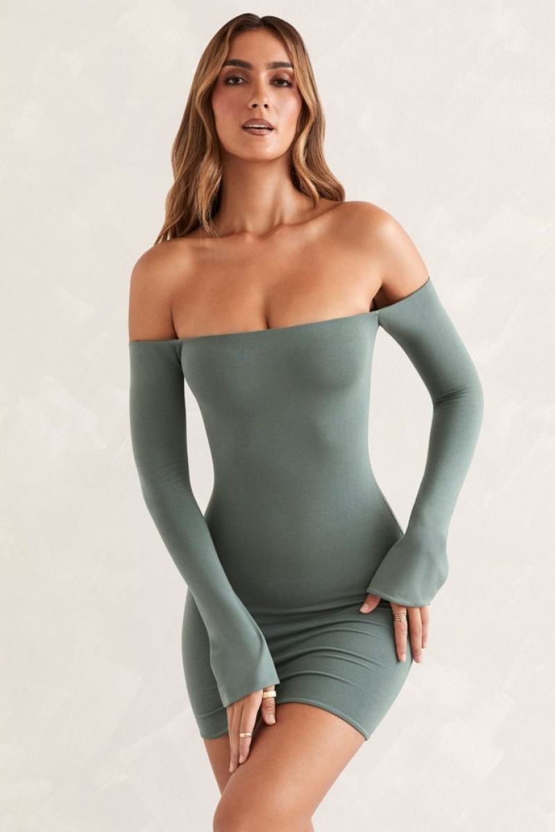 Oh Polly Nasima Long Sleeve Bardot Mini Dress Mini Dress Green | OADZ-19748