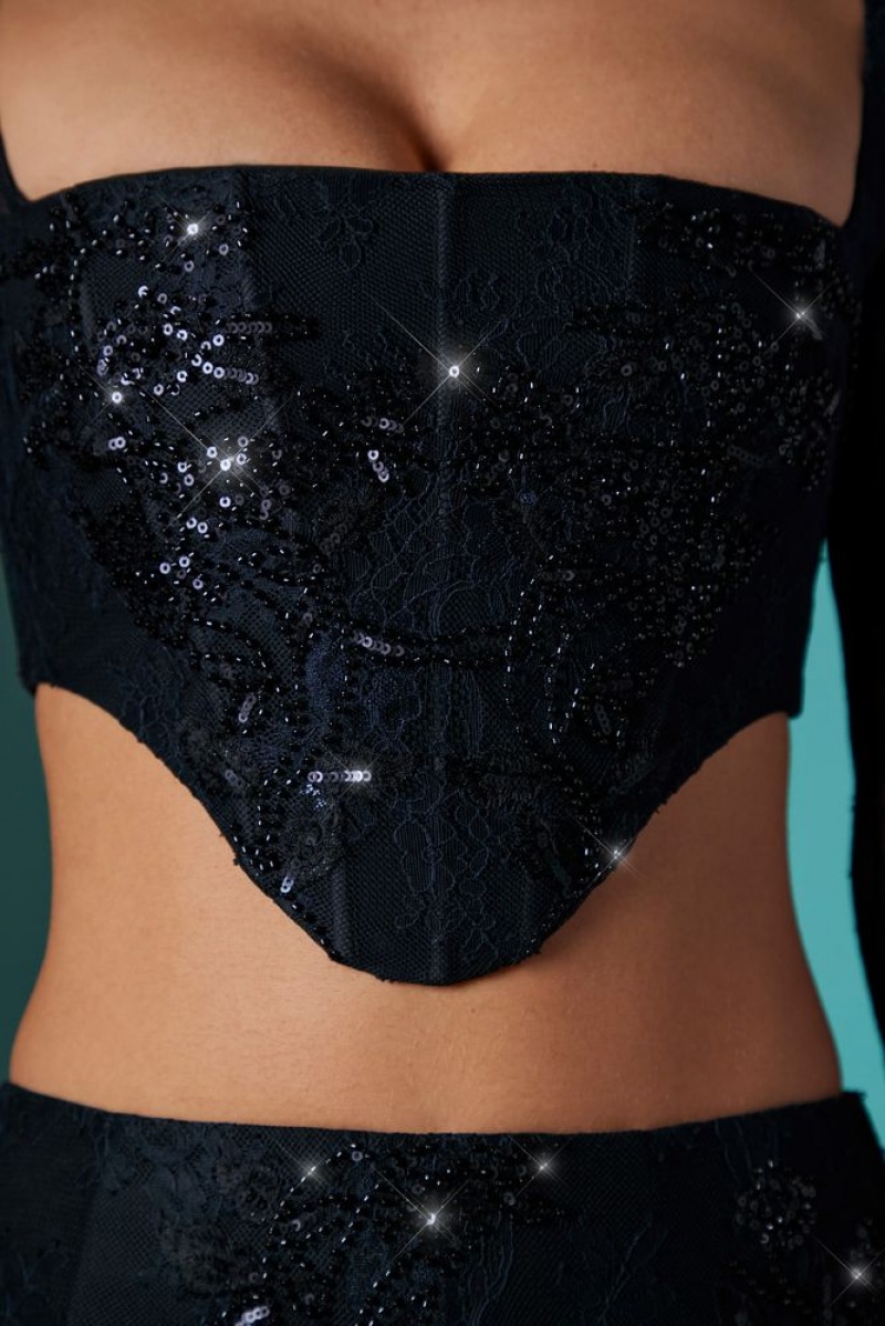 Oh Polly Neve Long Sleeve Embellished Lace Corset Crop Top Bo+Tee Tops Black | WVAG-26974