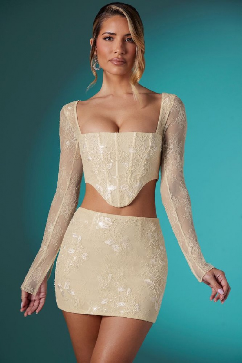 Oh Polly Neve Long Sleeve Embellished Lace Corset Crop Top Bo+Tee Tops Ivory | MSRH-73068