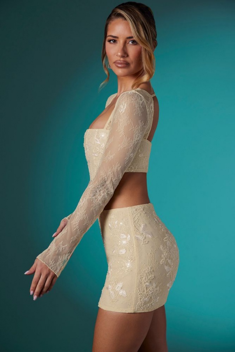 Oh Polly Neve Long Sleeve Embellished Lace Corset Crop Top Bo+Tee Tops Ivory | MSRH-73068