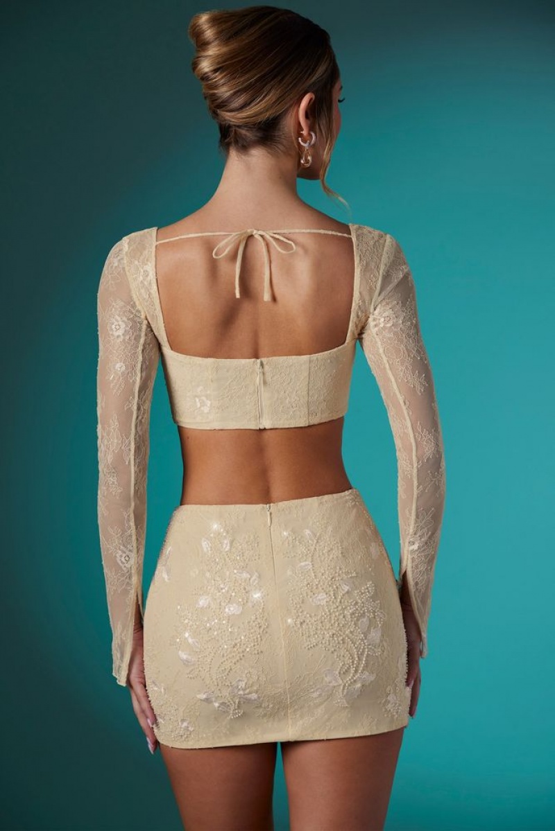 Oh Polly Neve Long Sleeve Embellished Lace Corset Crop Top Bo+Tee Tops Ivory | MSRH-73068