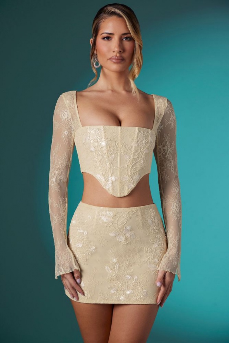 Oh Polly Neve Long Sleeve Embellished Lace Corset Crop Top Bo+Tee Tops Ivory | MSRH-73068