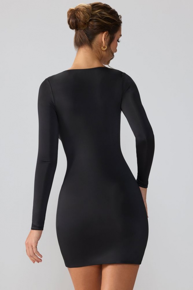 Oh Polly Oakley Slinky Jersey Long Sleeve Plunge Neck Mini Dress Mini Dress Black | ZDEQ-65810