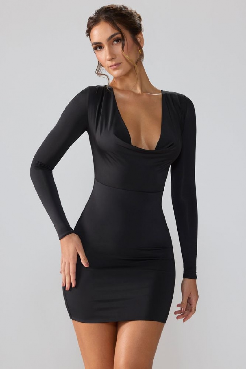 Oh Polly Oakley Slinky Jersey Long Sleeve Plunge Neck Mini Dress Mini Dress Black | ZDEQ-65810