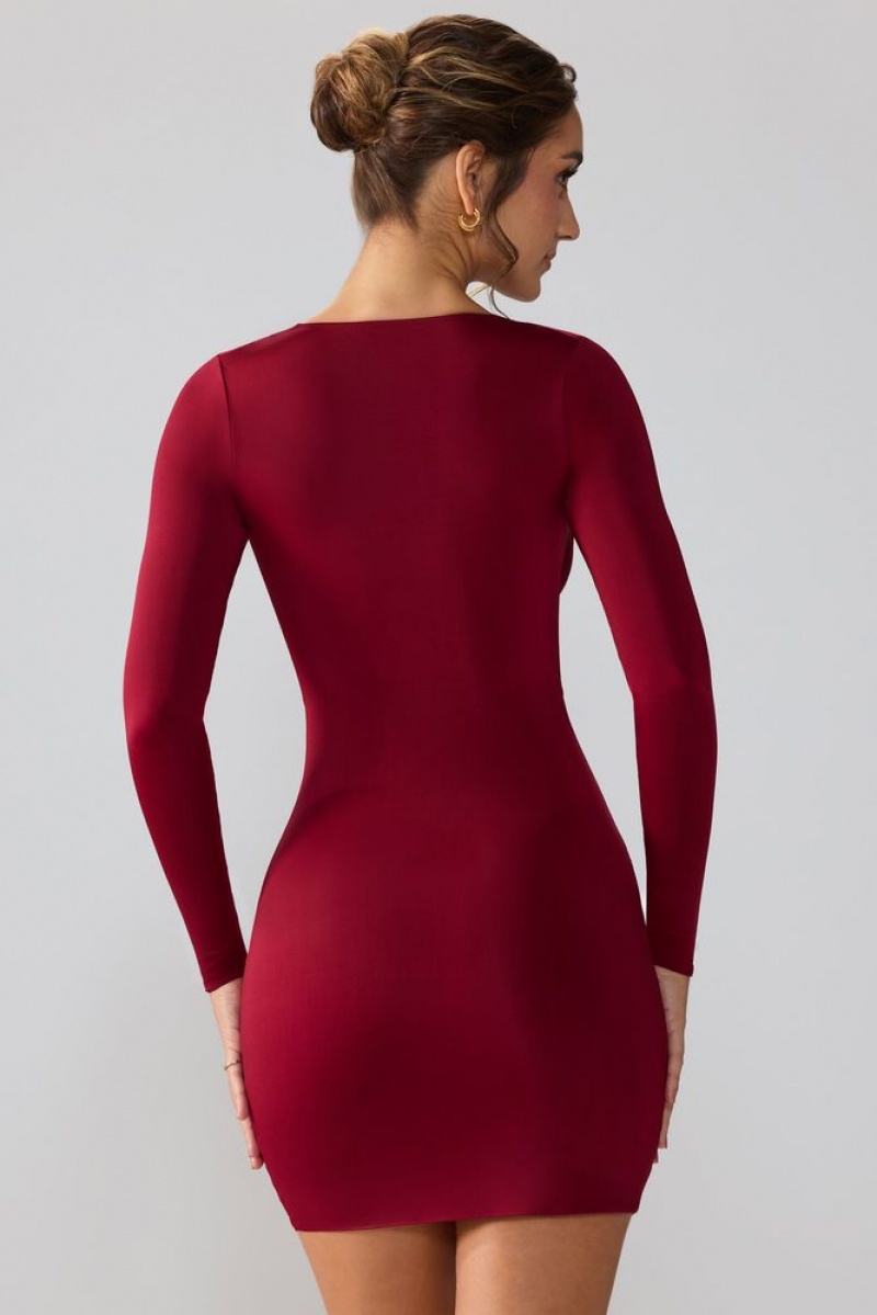 Oh Polly Oakley Slinky Jersey Long Sleeve Plunge Neck Mini Dress Mini Dress Ruby | MNBP-06543