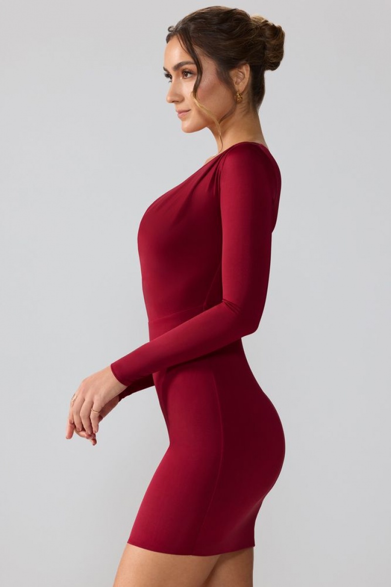 Oh Polly Oakley Slinky Jersey Long Sleeve Plunge Neck Mini Dress Mini Dress Ruby | MNBP-06543