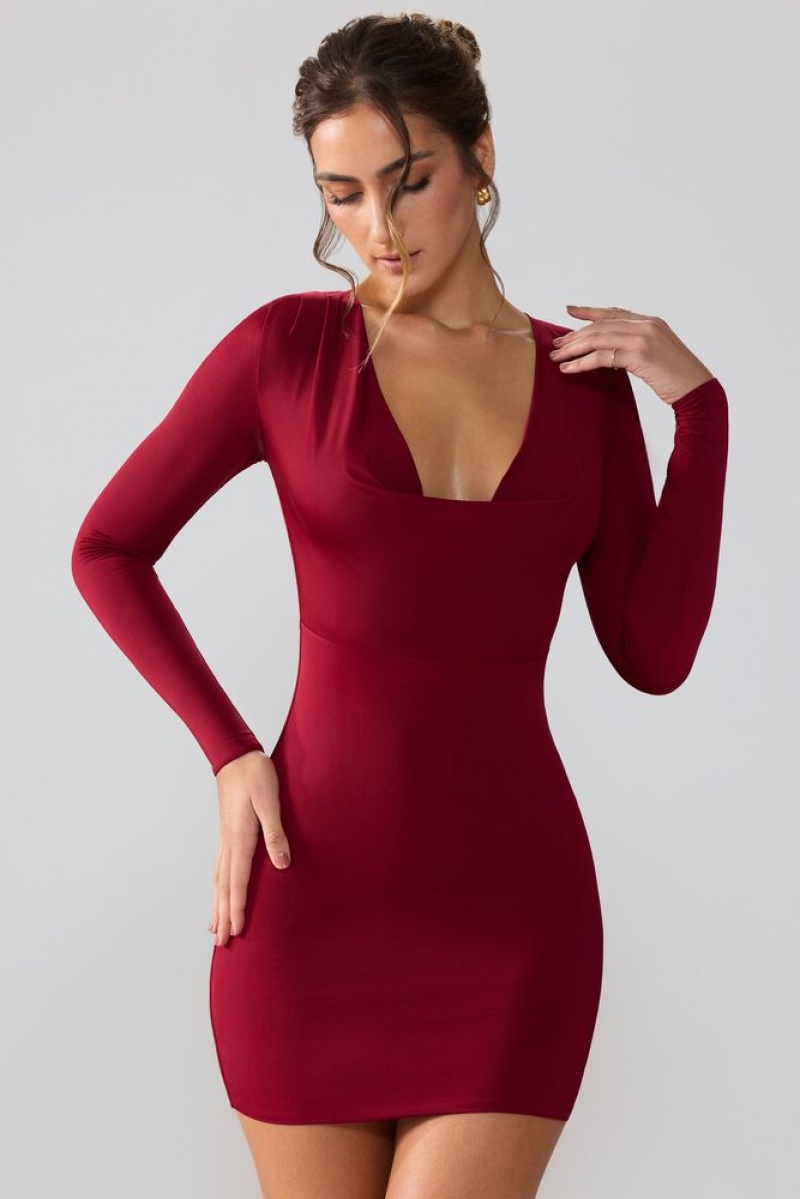 Oh Polly Oakley Slinky Jersey Long Sleeve Plunge Neck Mini Dress Mini Dress Ruby | MNBP-06543