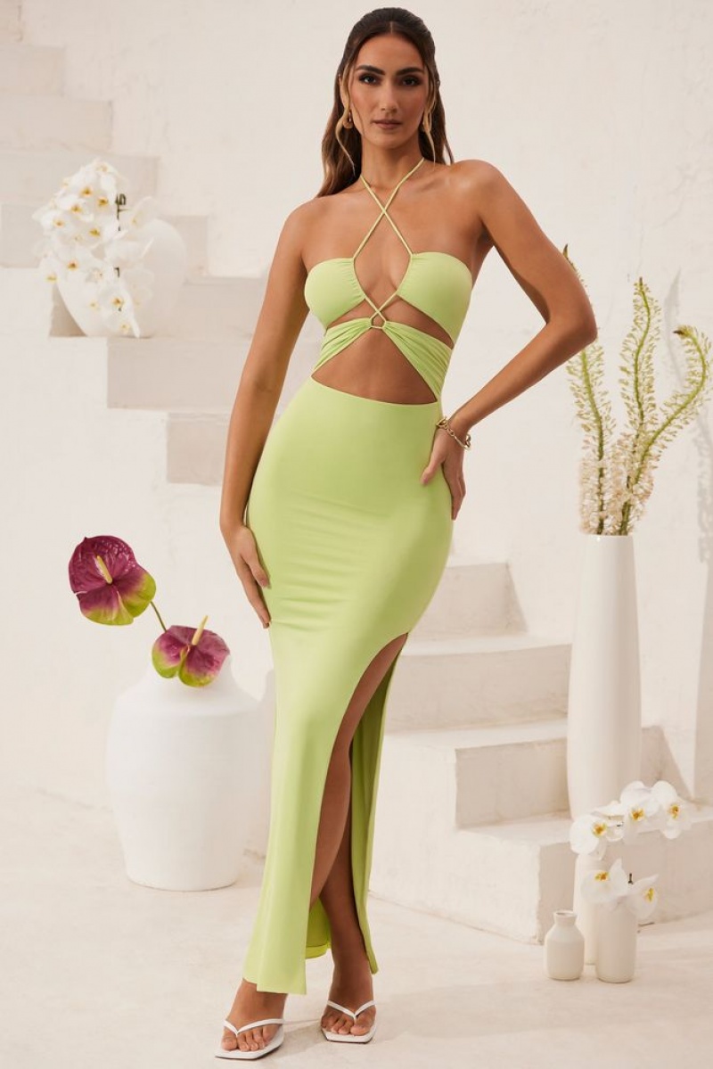 Oh Polly Oceane Cut Out Halter Neck Floor Length Maxi Dress Maxi Dress Lime Green | YFCI-02678