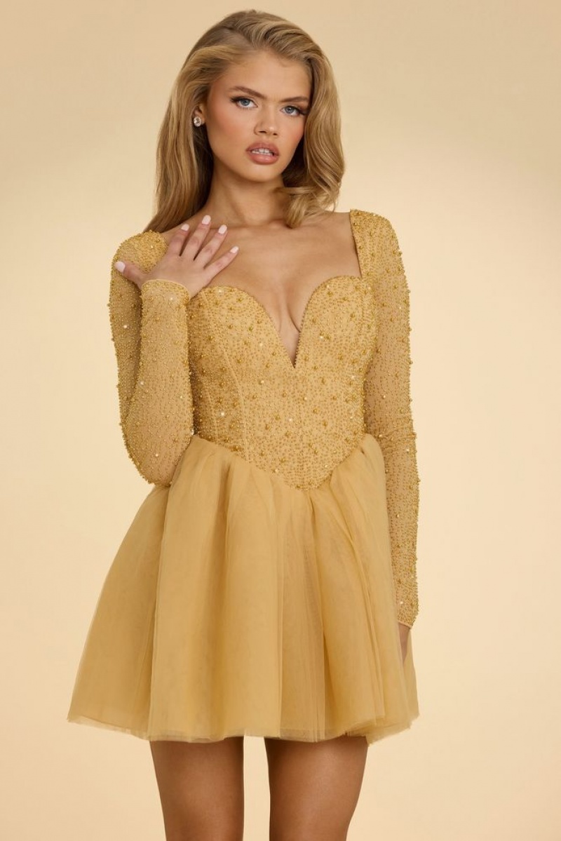 Oh Polly Olympia Plunge Neck Tulle Mini Dress Mini Dress Gold | MYBQ-24568