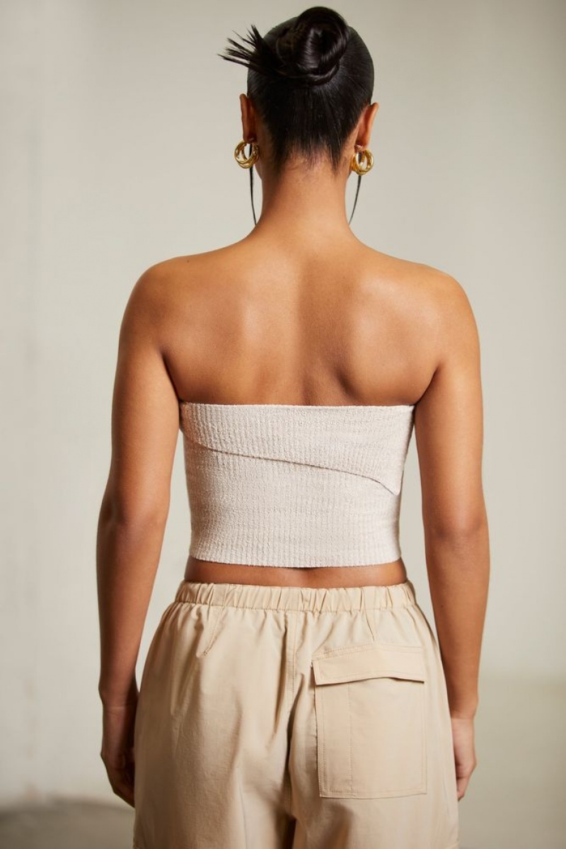 Oh Polly Oran Overlap Bandeau Crop Top Womens Tops Beige | IZDJ-80971