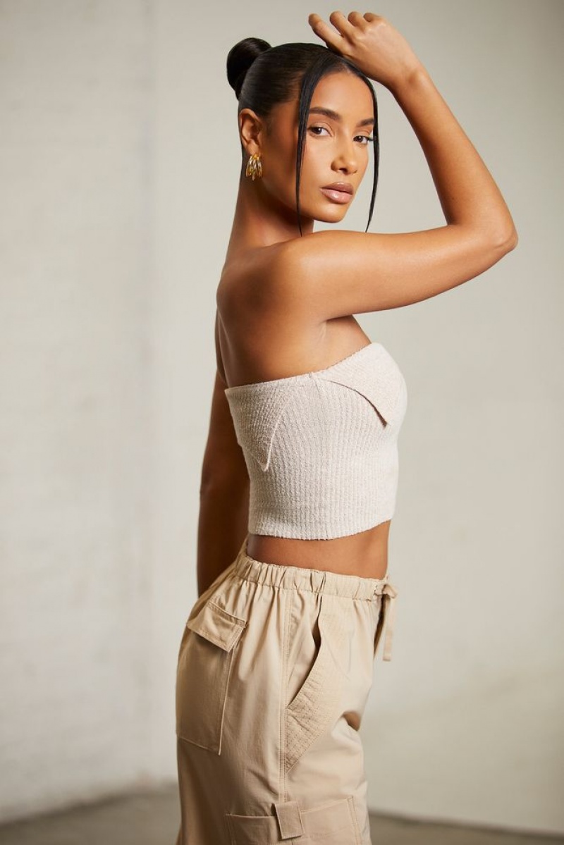 Oh Polly Oran Overlap Bandeau Crop Top Womens Tops Beige | IZDJ-80971