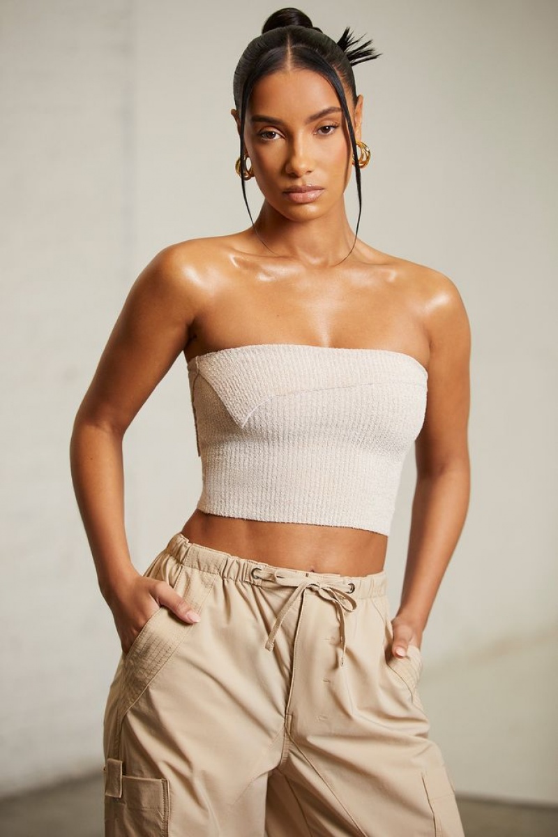 Oh Polly Oran Overlap Bandeau Crop Top Womens Tops Beige | IZDJ-80971