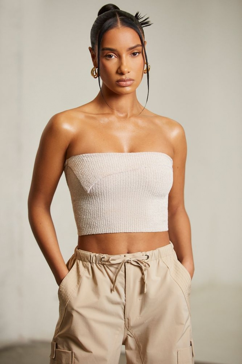 Oh Polly Oran Overlap Bandeau Crop Top Womens Tops Beige | IZDJ-80971