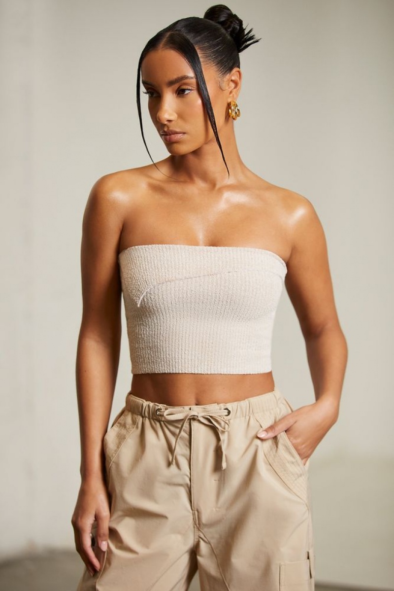 Oh Polly Oran Overlap Bandeau Crop Top Womens Tops Beige | IZDJ-80971