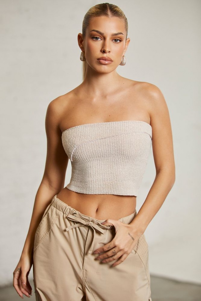 Oh Polly Oran Overlap Bandeau Crop Top Womens Tops Beige | IZDJ-80971