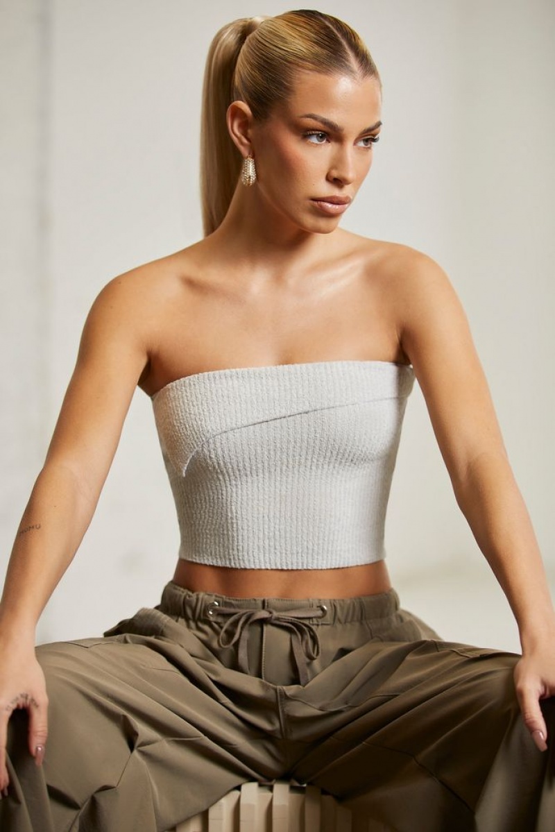 Oh Polly Oran Overlap Bandeau Crop Top Womens Tops Grey | VRJD-42697