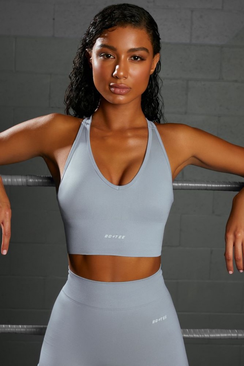 Oh Polly Overhaul Racer Knot Back Seamless Crop Top Bo+Tee Tops Blue | YSFN-30582