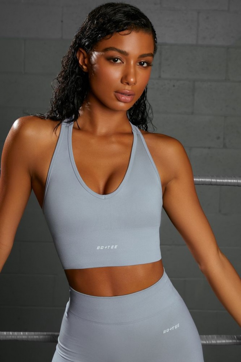 Oh Polly Overhaul Racer Knot Back Seamless Crop Top Bo+Tee Tops Blue | YSFN-30582