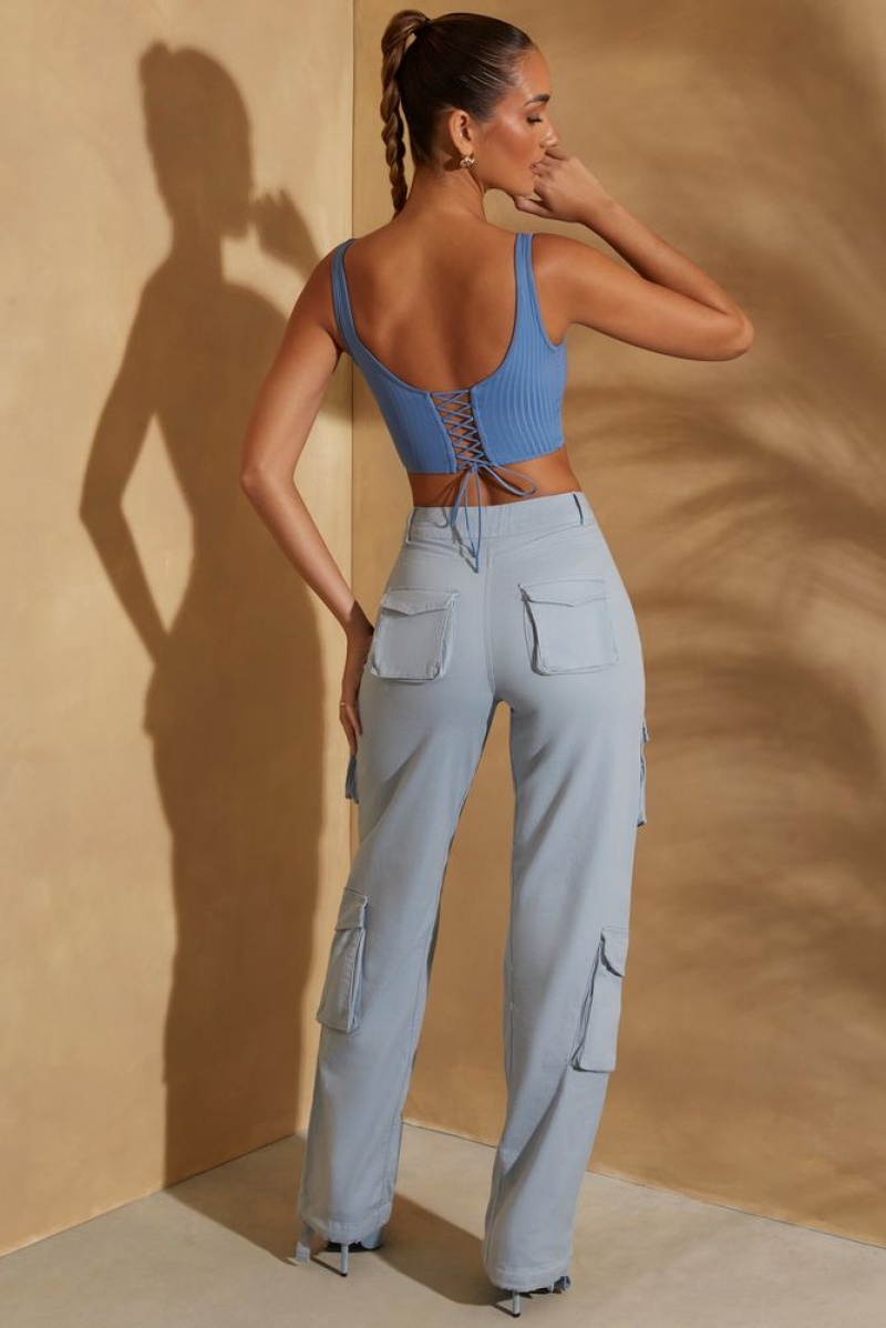 Oh Polly Parker High Waist Wide Leg Cargo Trousers Women's Trousers Light Blue | PBFU-80719