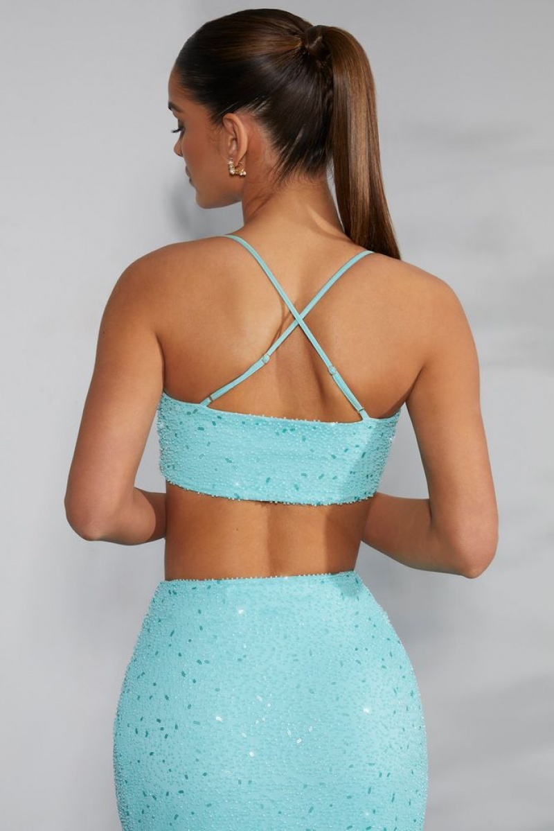 Oh Polly Pisa Embellished Cross Back Crop Top Womens Tops Aqua | WGAT-37291