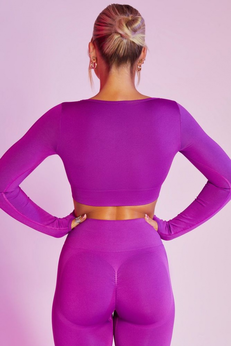 Oh Polly Reignited Seamless Long Sleeve Scoop Neck Crop Top Bo+Tee Tops Purple | PGSE-37592