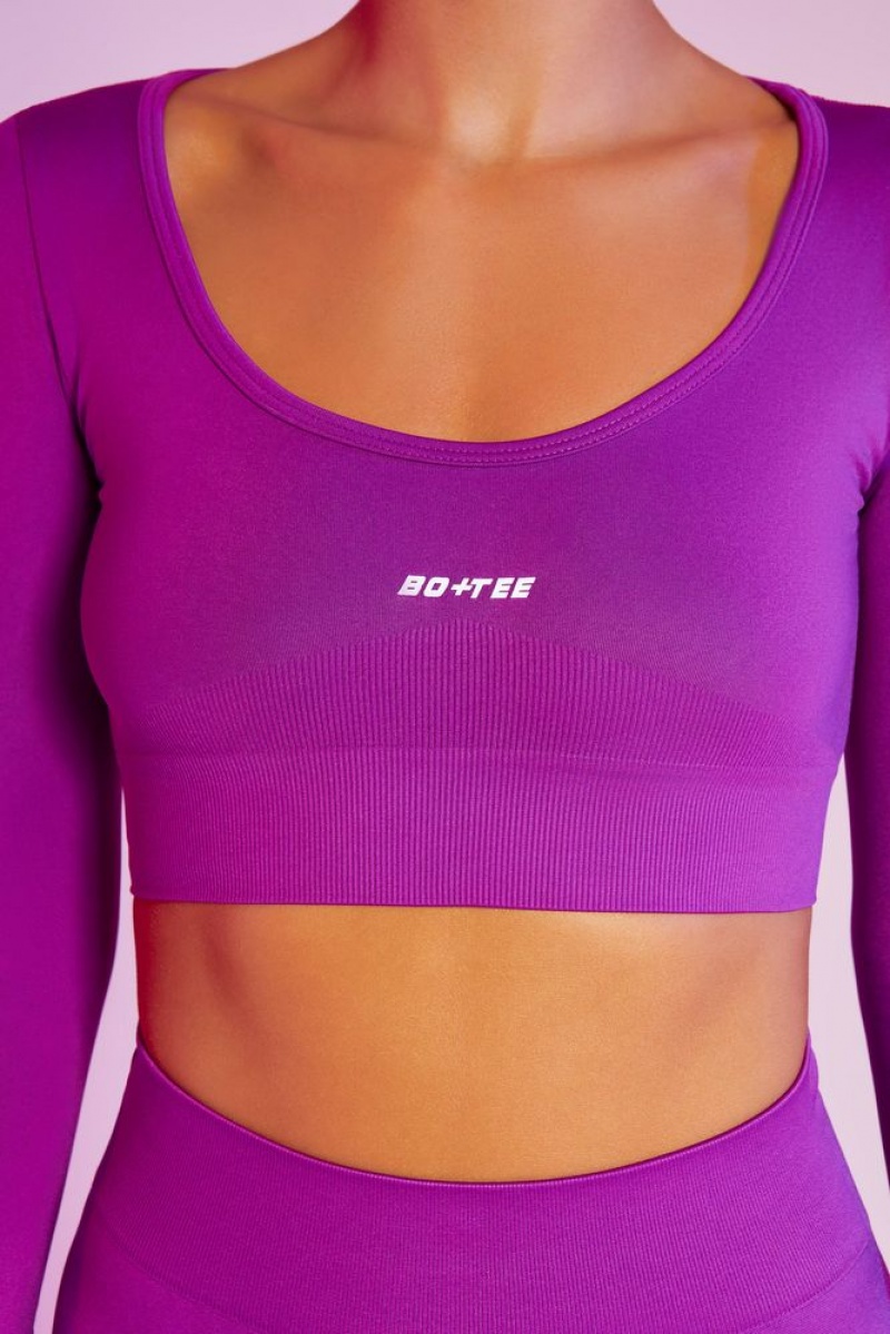 Oh Polly Reignited Seamless Long Sleeve Scoop Neck Crop Top Bo+Tee Tops Purple | PGSE-37592