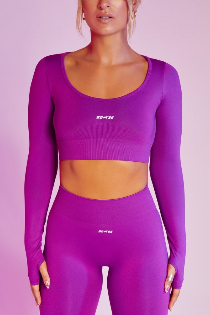 Oh Polly Reignited Seamless Long Sleeve Scoop Neck Crop Top Bo+Tee Tops Purple | PGSE-37592