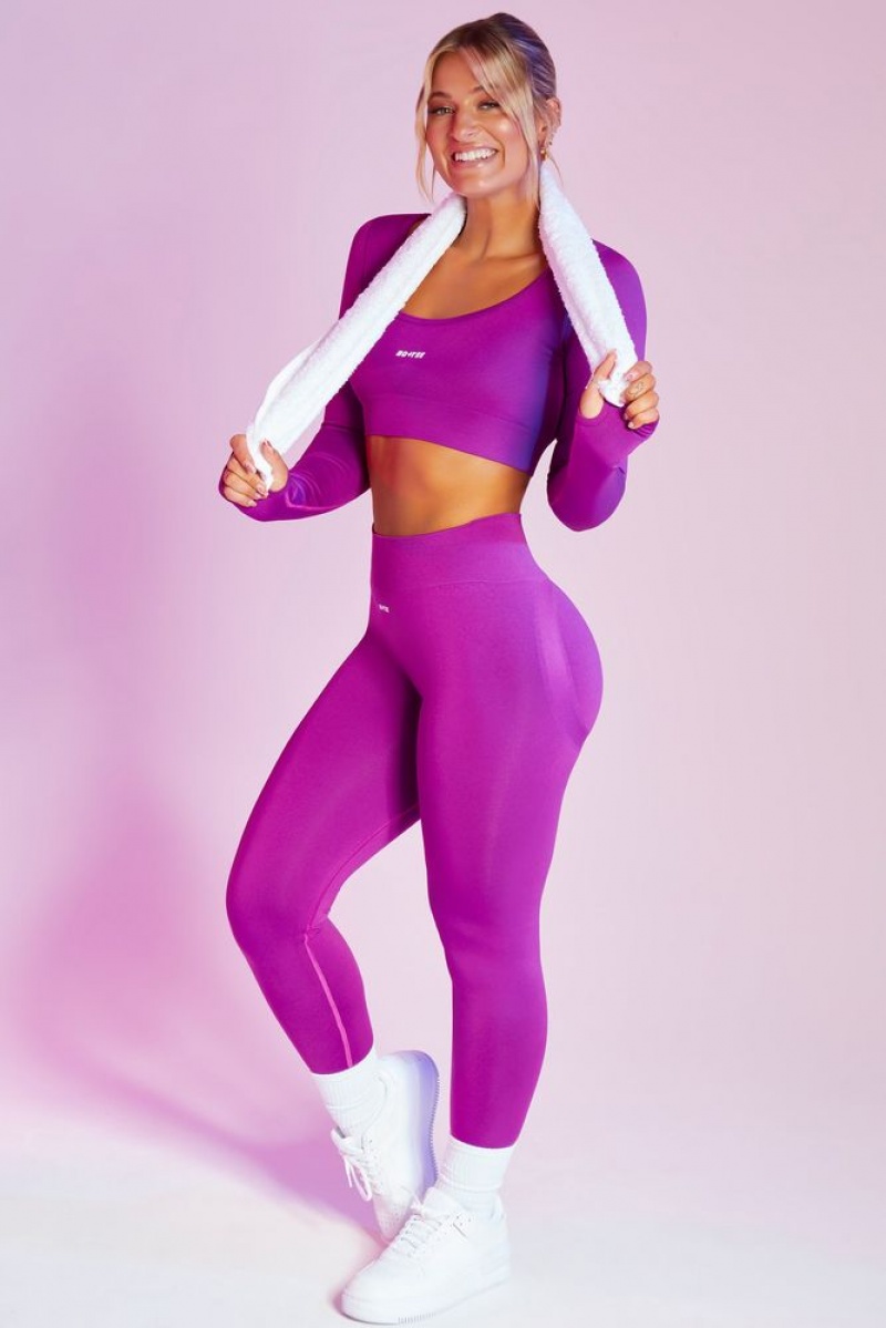 Oh Polly Reignited Seamless Long Sleeve Scoop Neck Crop Top Bo+Tee Tops Purple | PGSE-37592